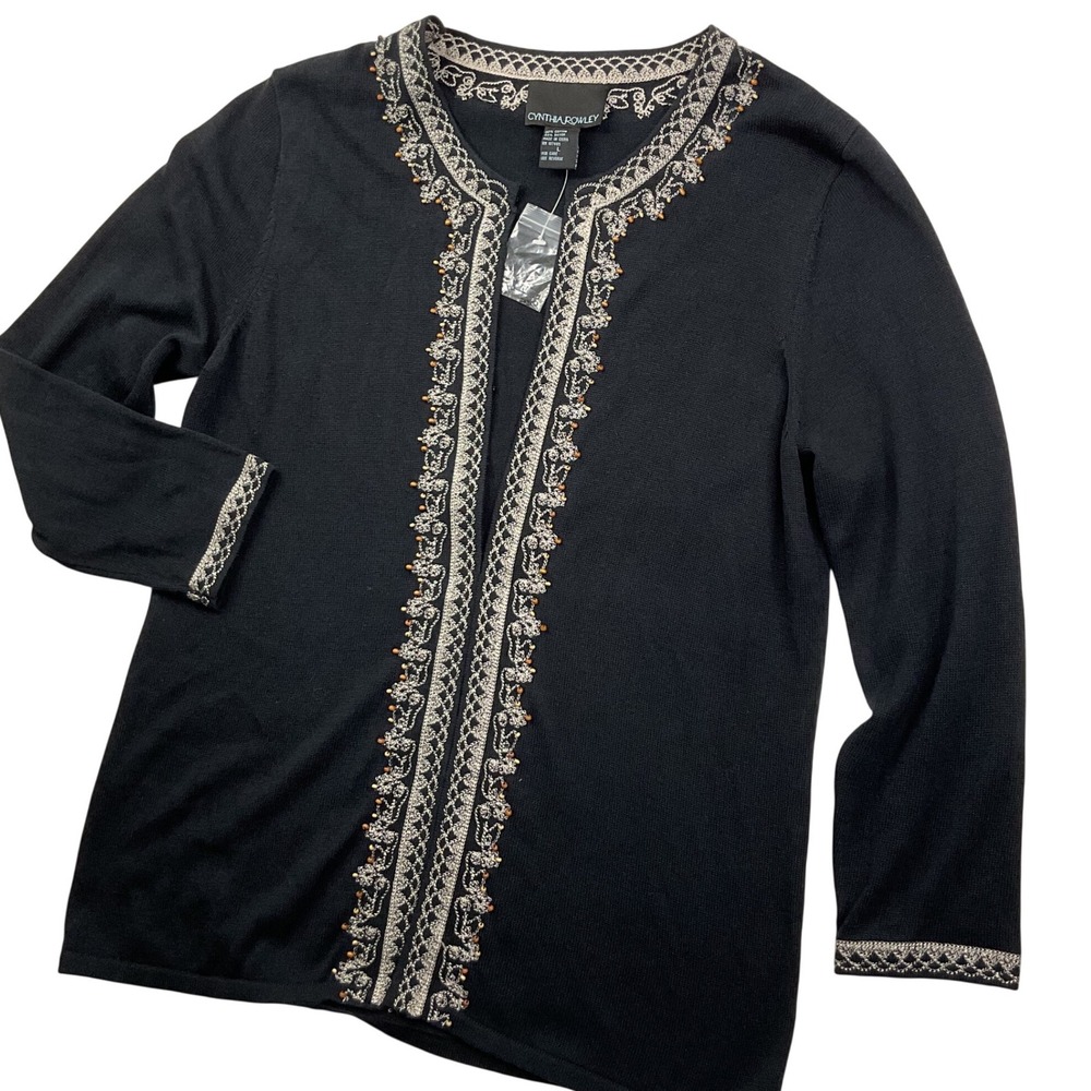 Cynthia Rowley Black Beaded Embroidered Open Front Cardigan Sweater Large